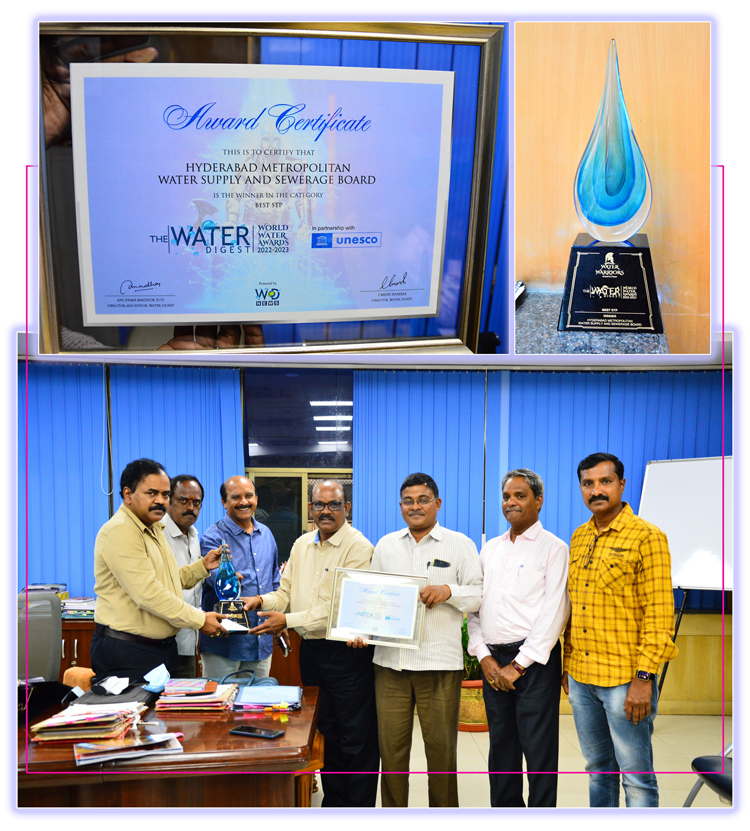 HMWSSB BAGS PRESTIGIOUS WATER DIGEST WATER AWARD 2022-23 FOR BEST STP CATEGORY - GOVERNMENT (HYDERABAD TOWARDS HUNDRED PERCENT SEWAGE TREATMENT CITY) ON 17.03.2023