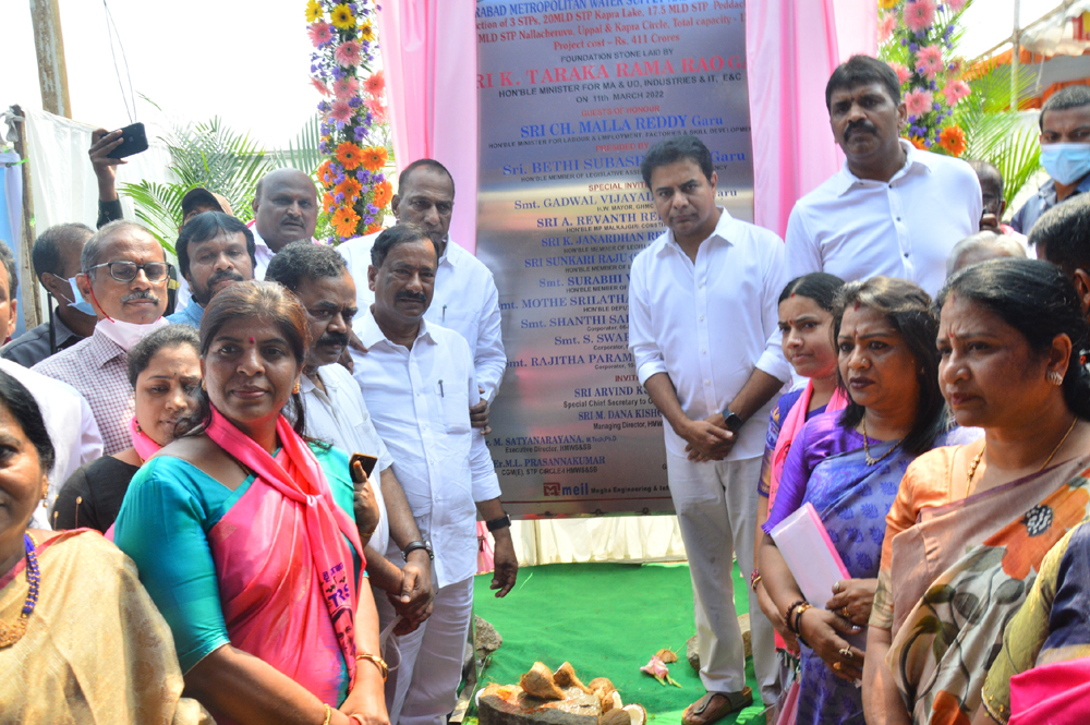 SRI KT. RAMA RAO, HON’BLE MINISTER FOR MA&UD LAID THE FOUNDATION STONE FOR THE CONSTRUCTION OF THE THREE STPS IN UPPAL CONSTITUENCY ON 11.03.2022